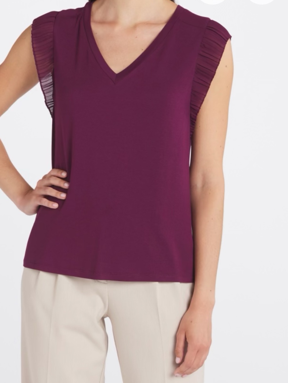 V-Neck Sleeveless Top with Pleated Cap Sleeves - Plum